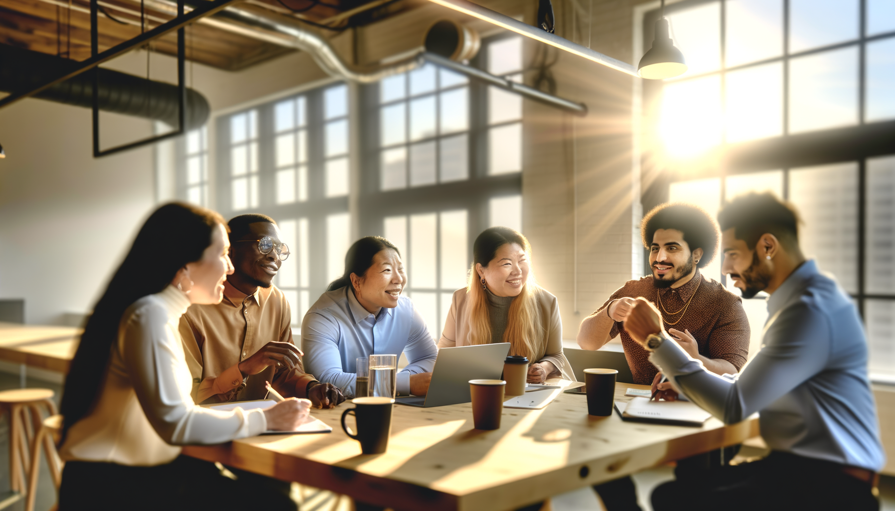 Service business owners networking and collaborating in a bright, modern workspace