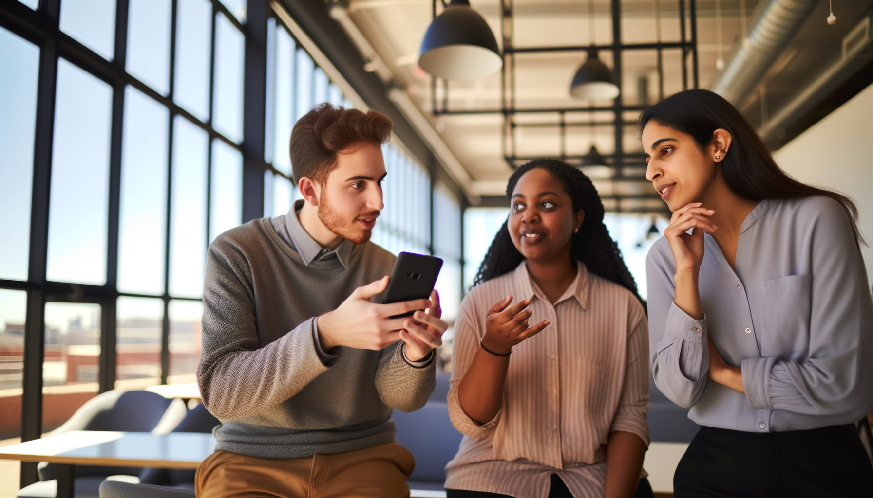 Three professionals sharing recommendations over coffee, demonstrating trust through personal connections