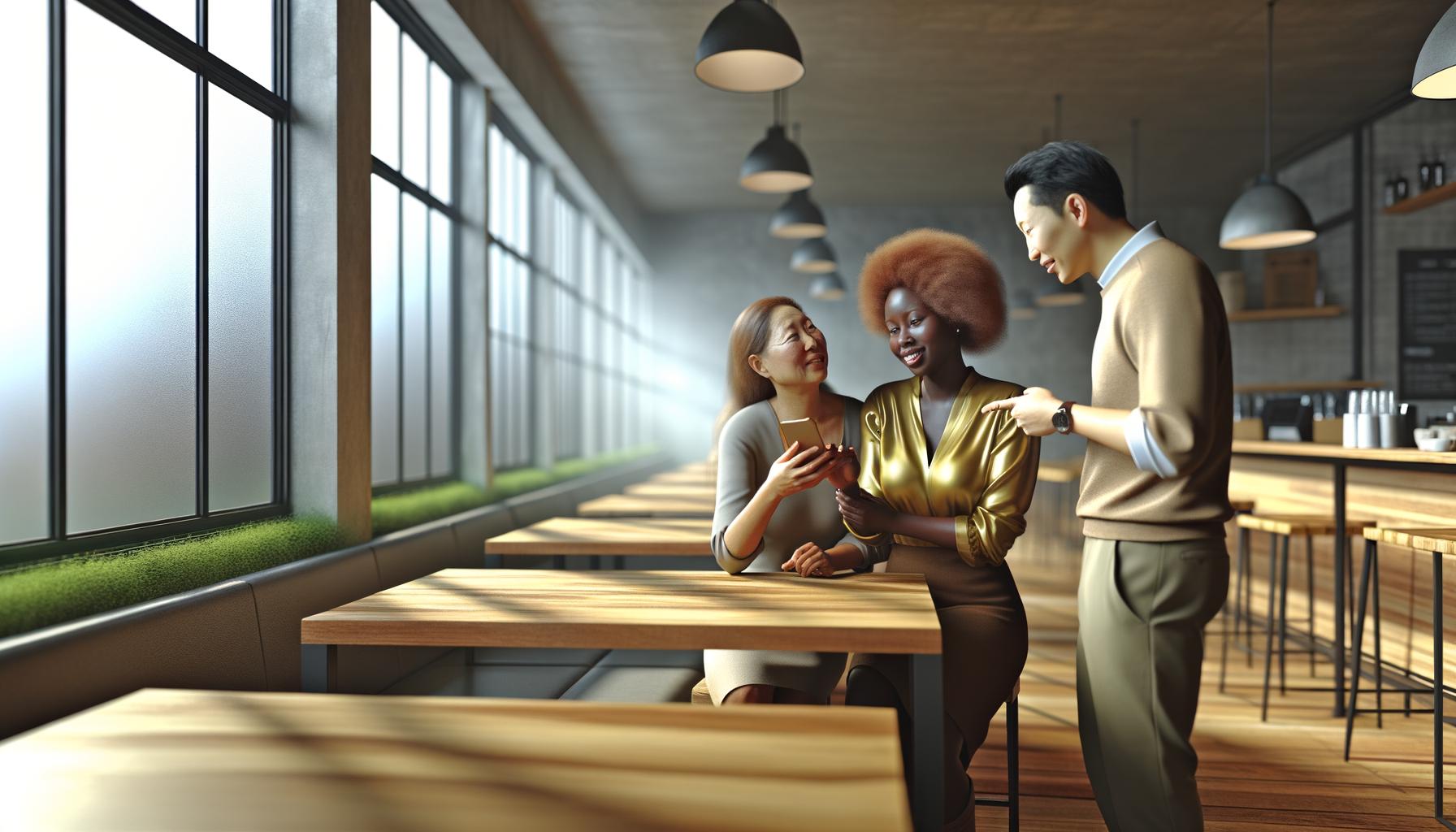 Three diverse professionals sharing recommendations and building trust through conversation in a coffee shop
