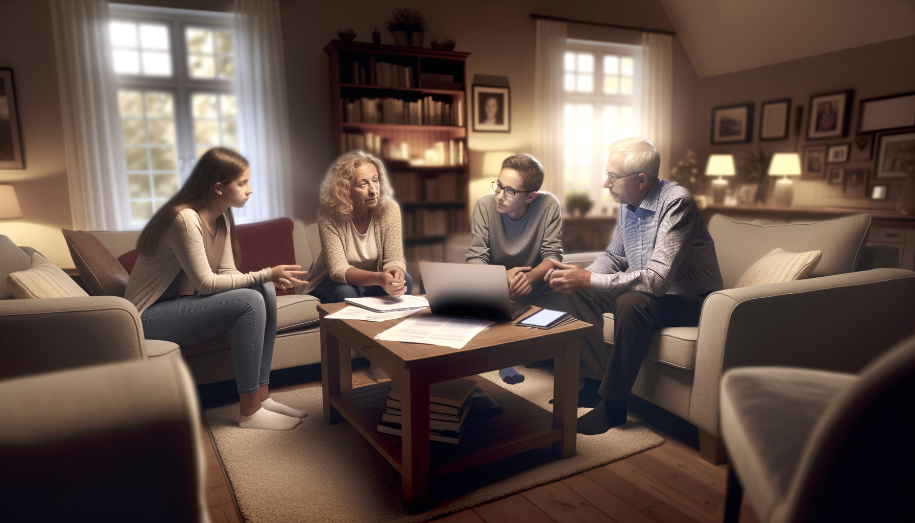 Multi-generational family discussing service provider choices together in comfortable living room setting