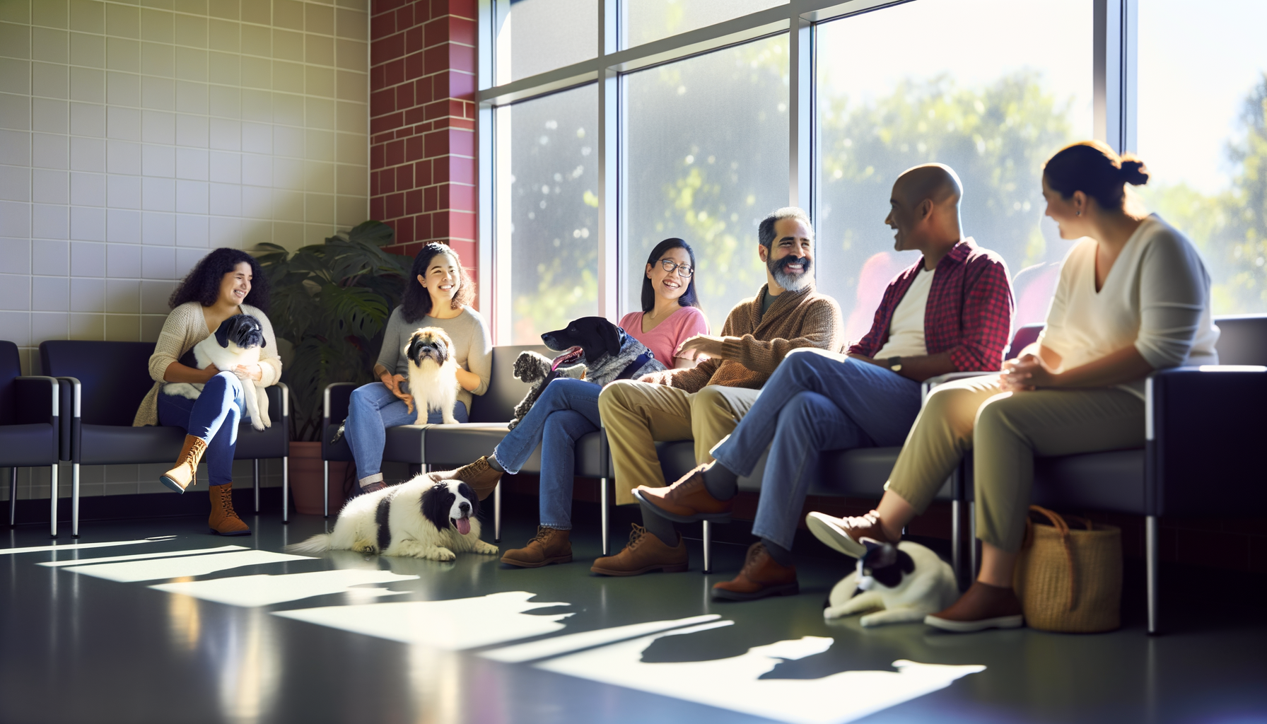 Pet owners sharing experiences in veterinary clinic waiting room with their calm, healthy pets