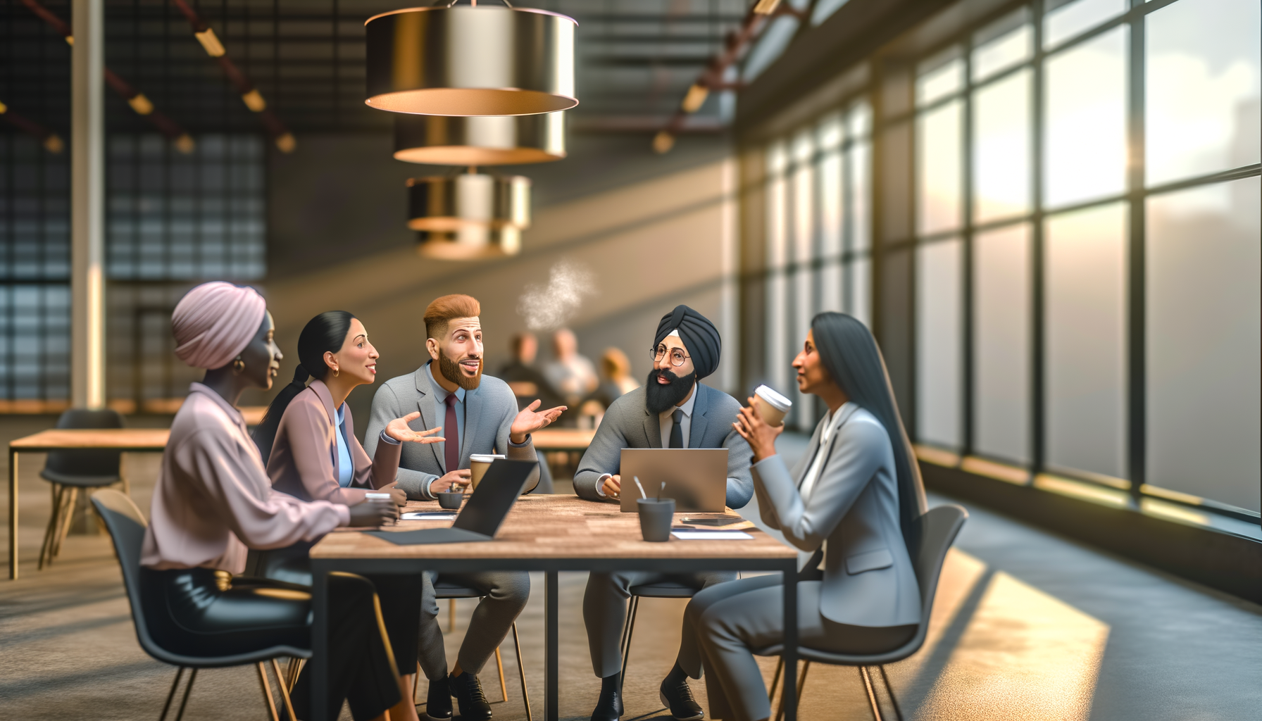 Business professionals networking and sharing knowledge in a modern co-working space