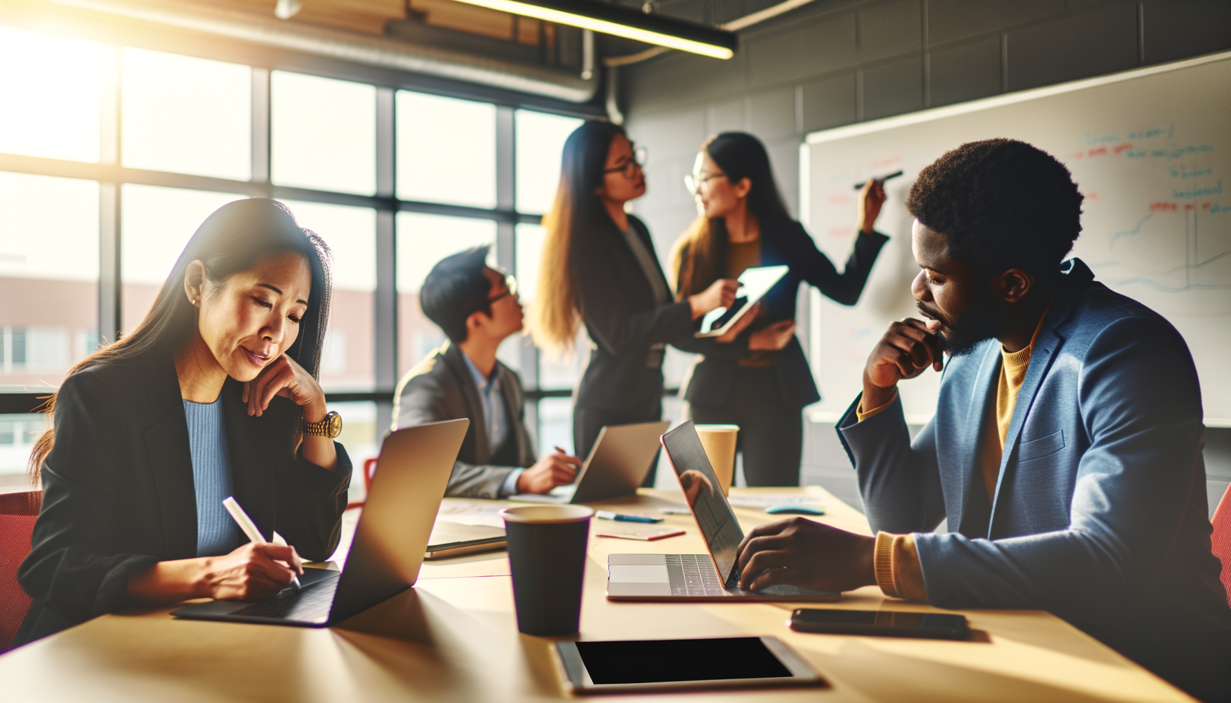 Small business owners collaborating in a modern workspace, showing both digital and personal connection methods