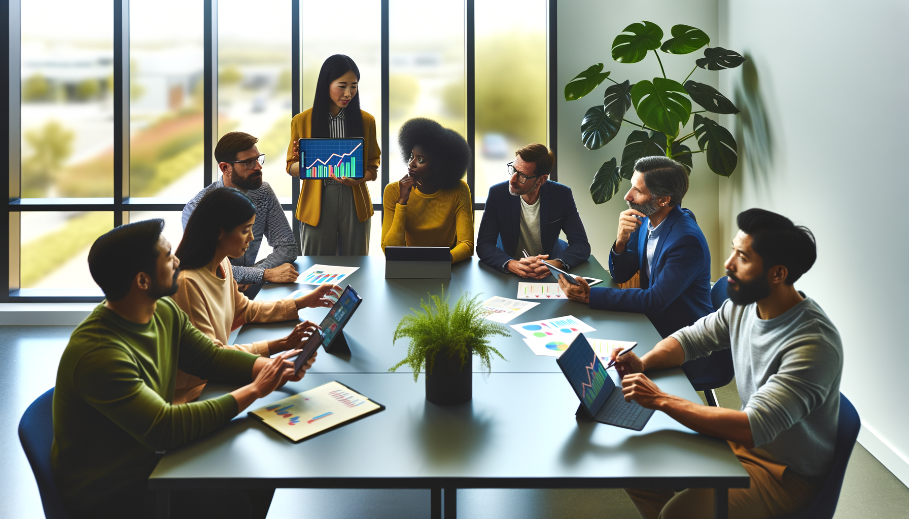 Small business owners analyzing growth metrics and charts on digital devices during a strategy meeting