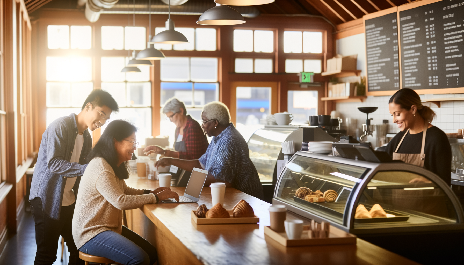 Local coffee shop owner serving diverse community customers in a warm, welcoming environment