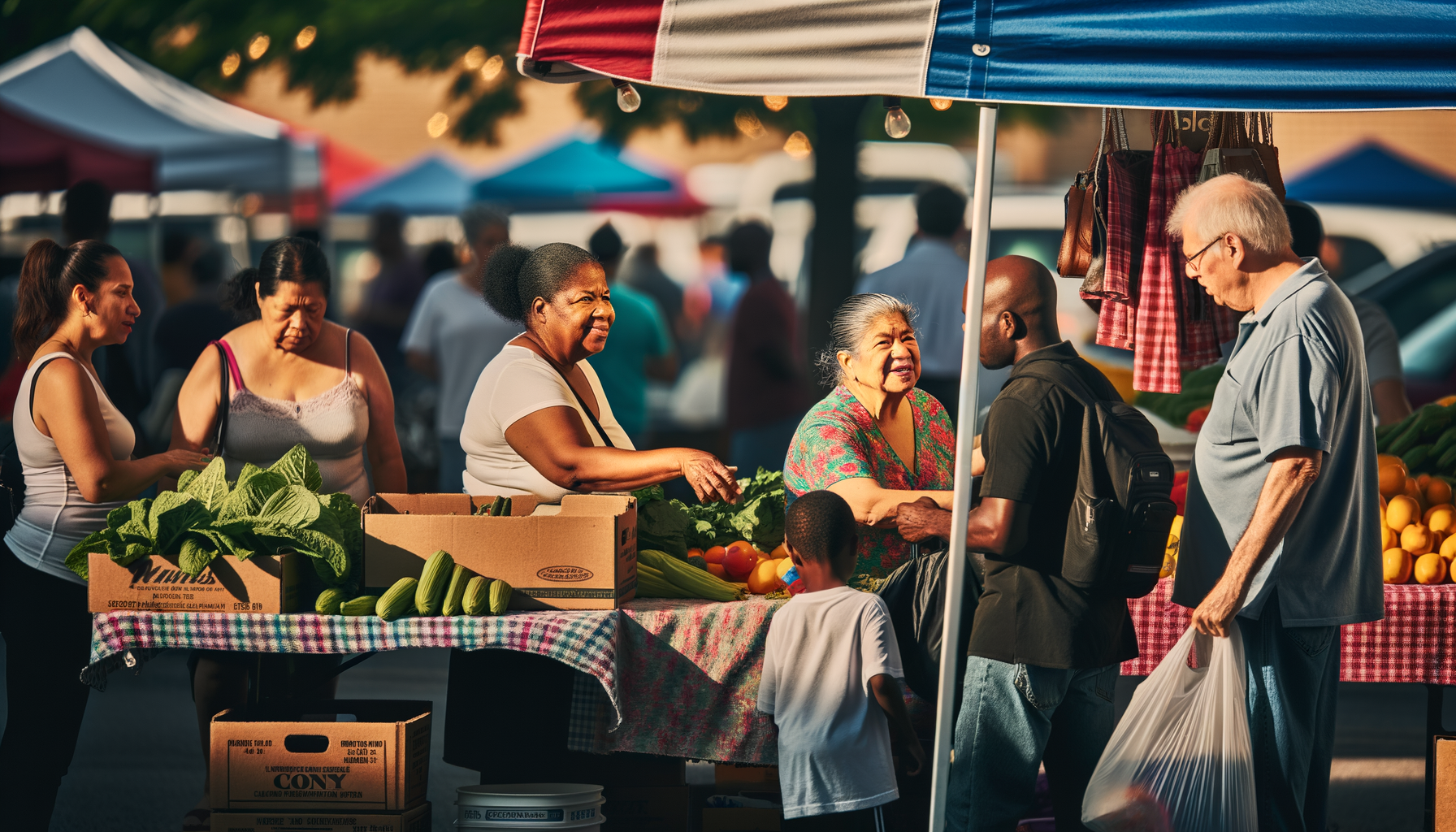 Small business owners connecting with community members at a local farmers market