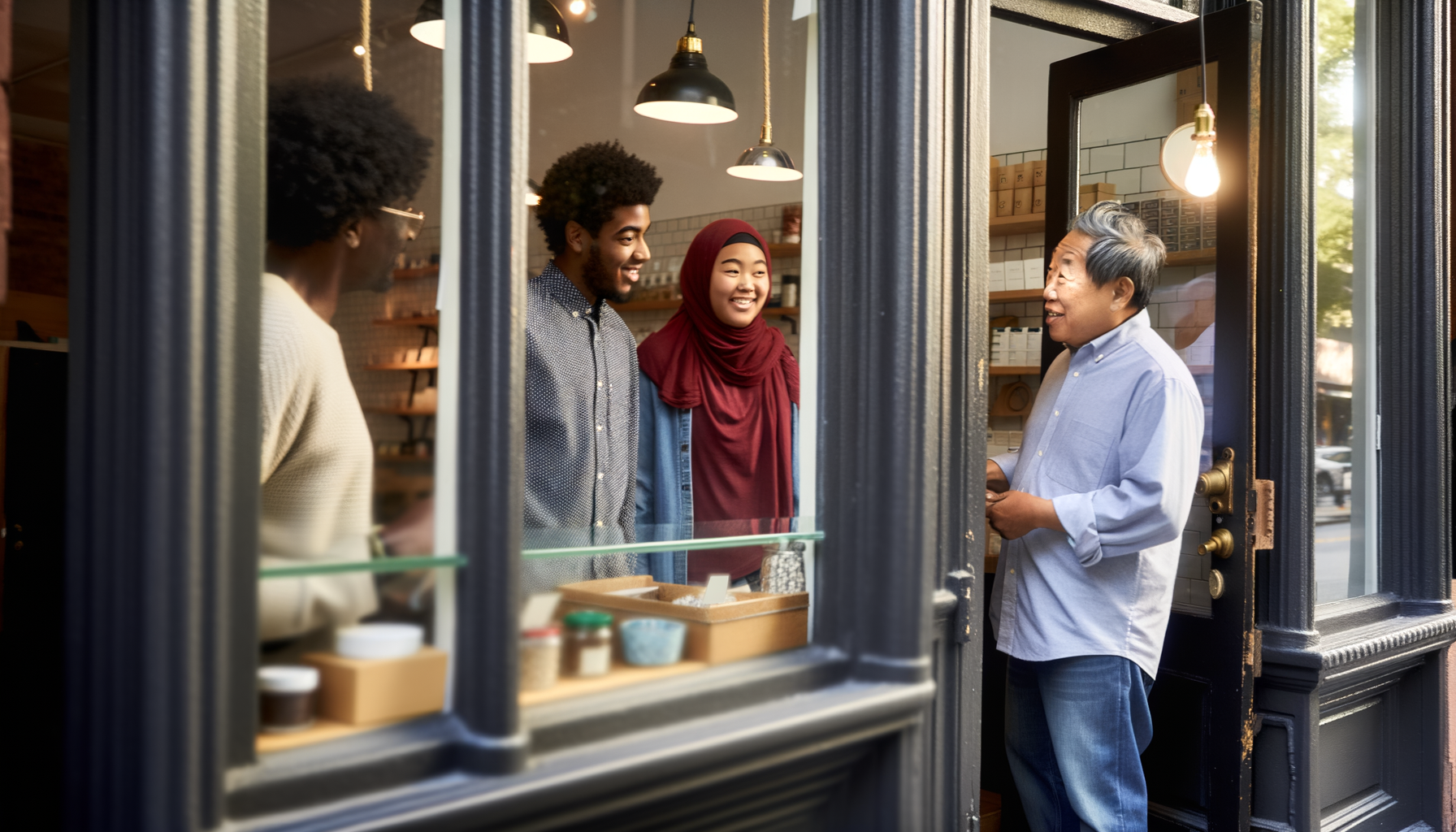 Small business owner engaging with diverse customers outside welcoming storefront