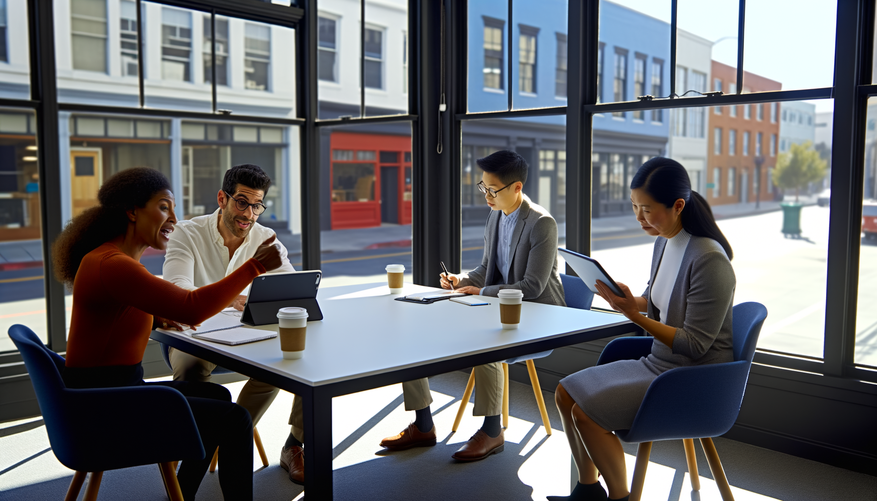 Small business owners collaborating and networking in a modern coworking space