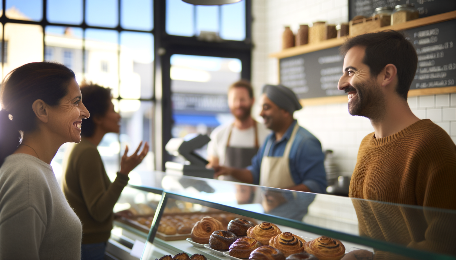 Local bakery owner having friendly conversation with diverse customers in warm, naturally lit setting