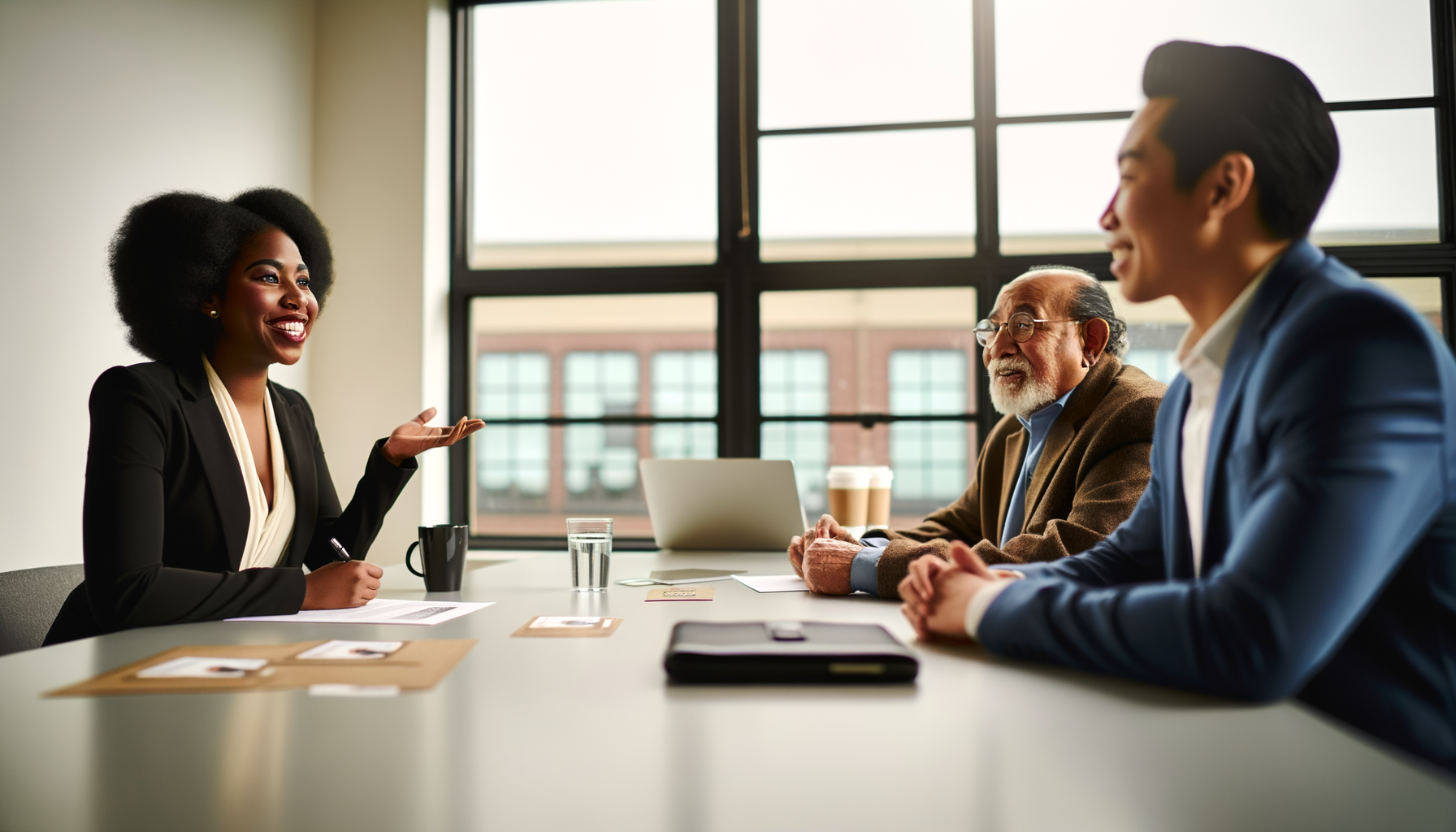 Small business owners networking and collaborating around a conference table in a bright office setting
