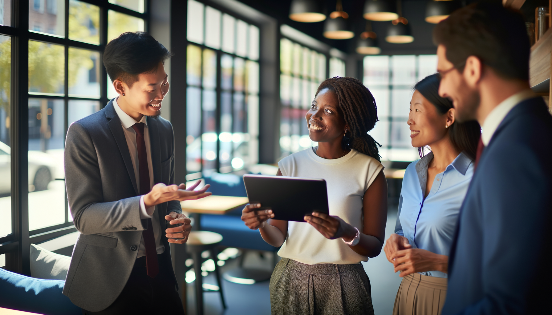 Small business owners networking and building connections in a coffee shop setting