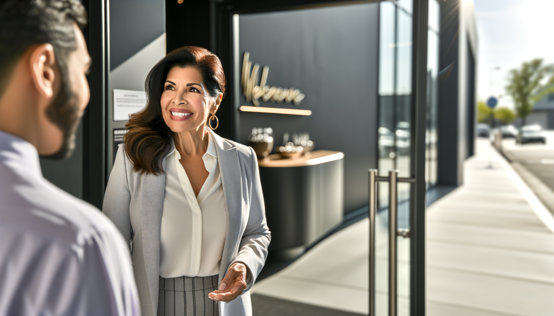 Small business owner warmly greeting customer at professional storefront entrance