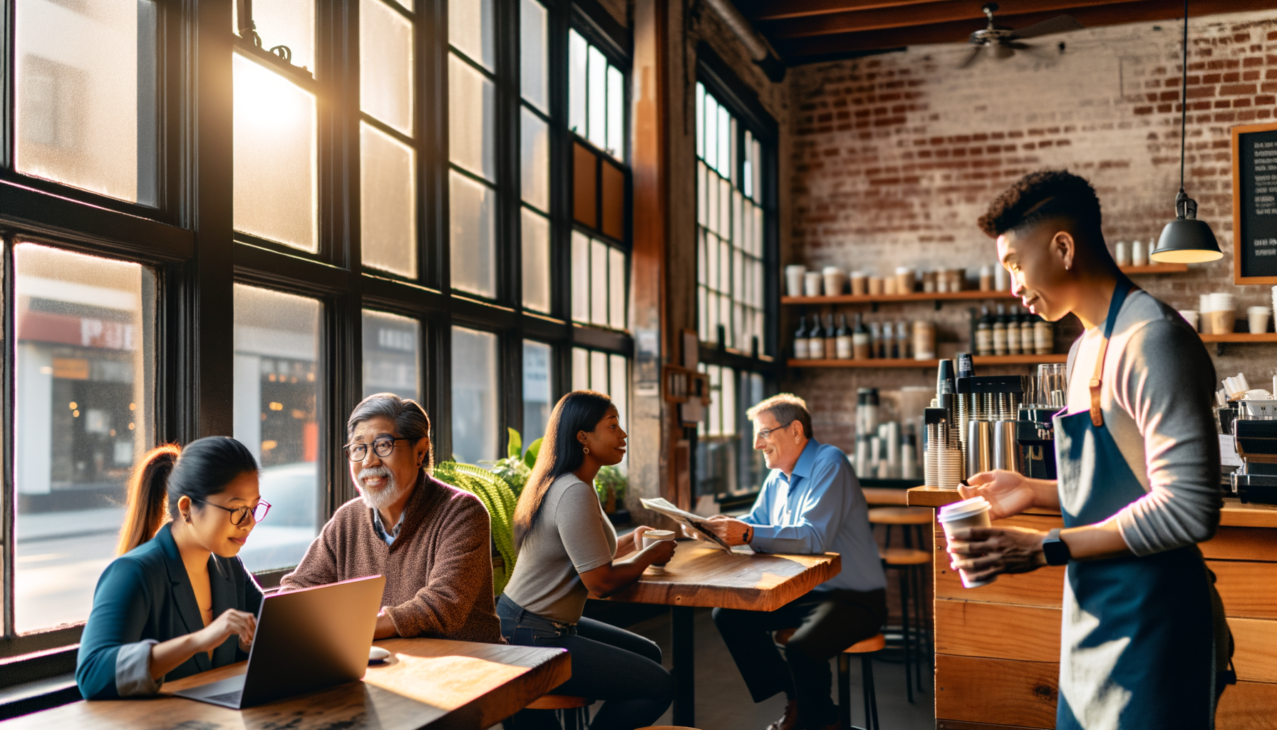 Cozy small business coffee shop with customers and caring barista creating authentic community atmosphere