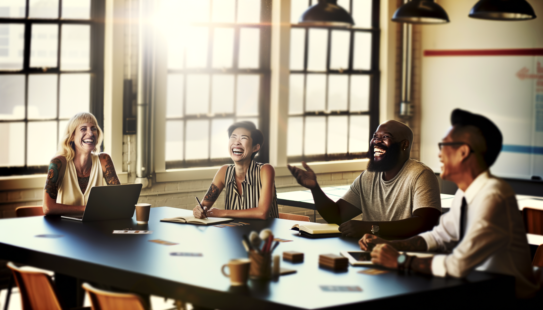 Small business owners collaborating around conference table discussing partnerships