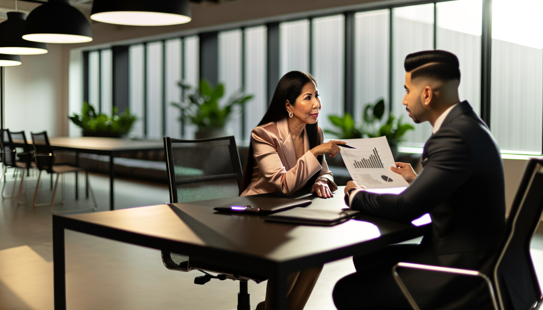 Two business partners reviewing growth plans and charts at a conference table
