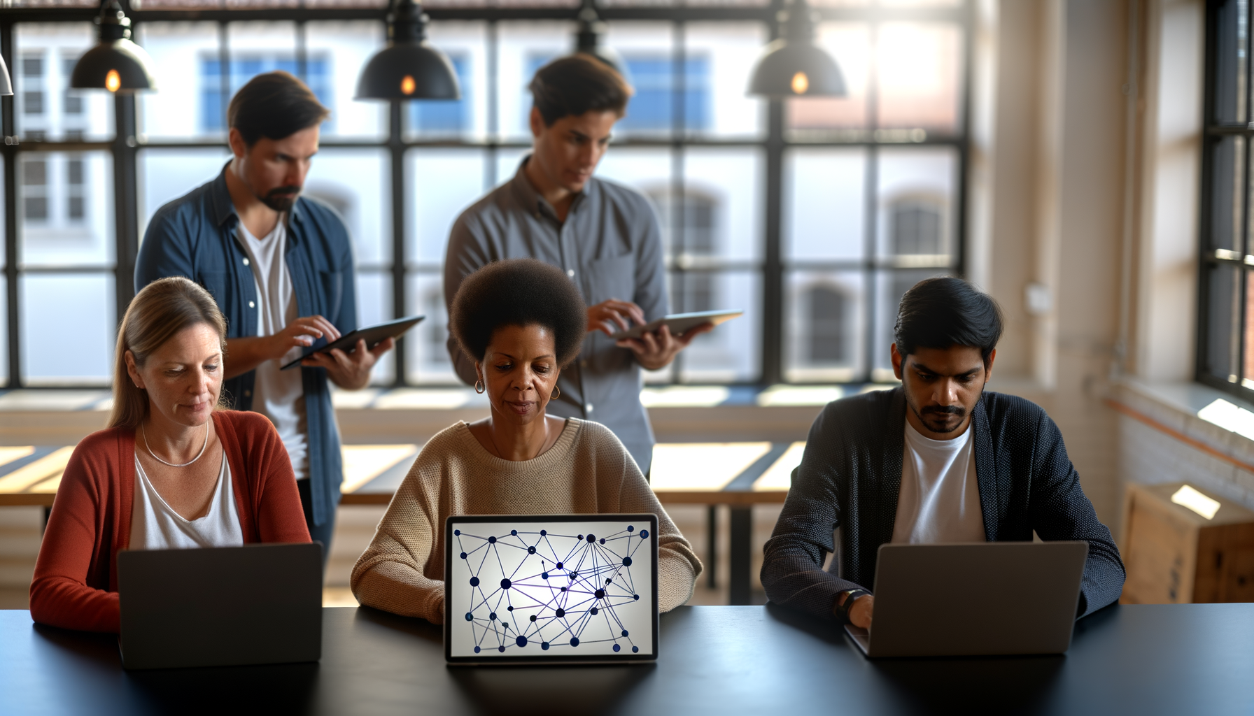 Small business owners analyzing referral network data and customer connections