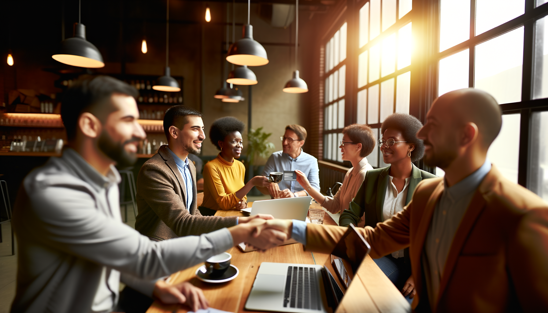 Small business owners networking and building relationships at a coffee shop meeting