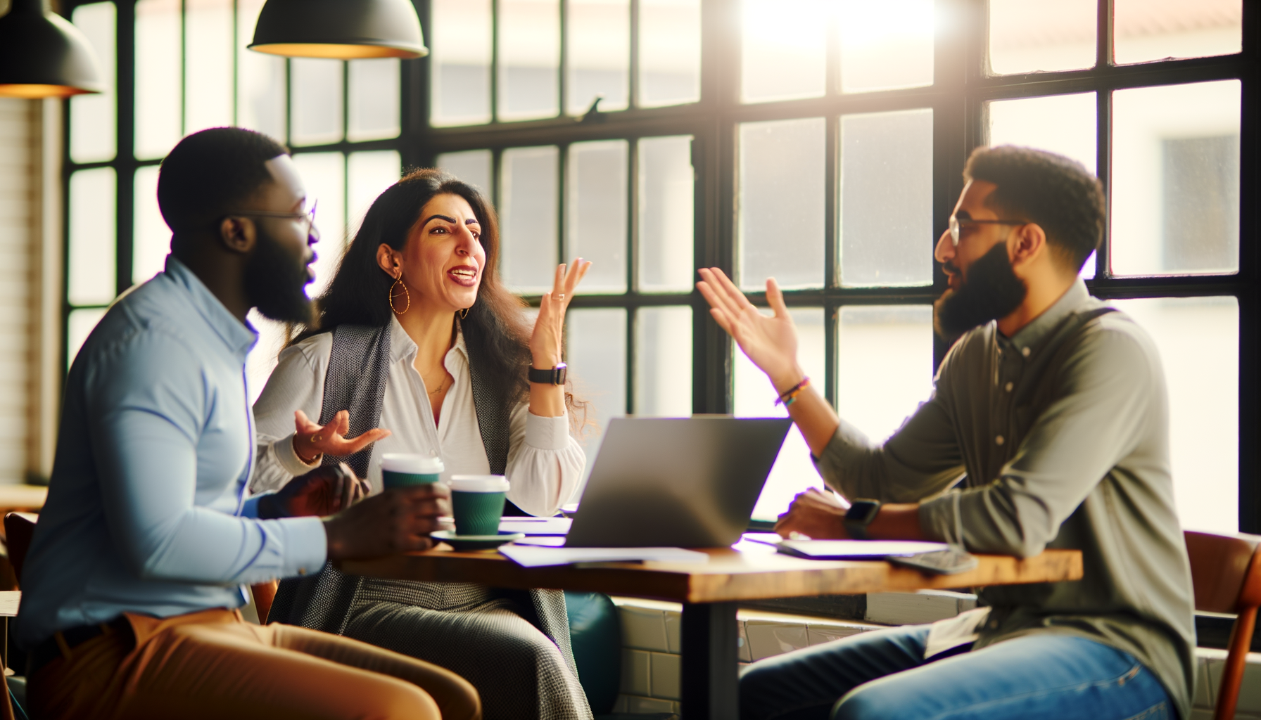 Small business owners having engaging conversation about services at coffee shop