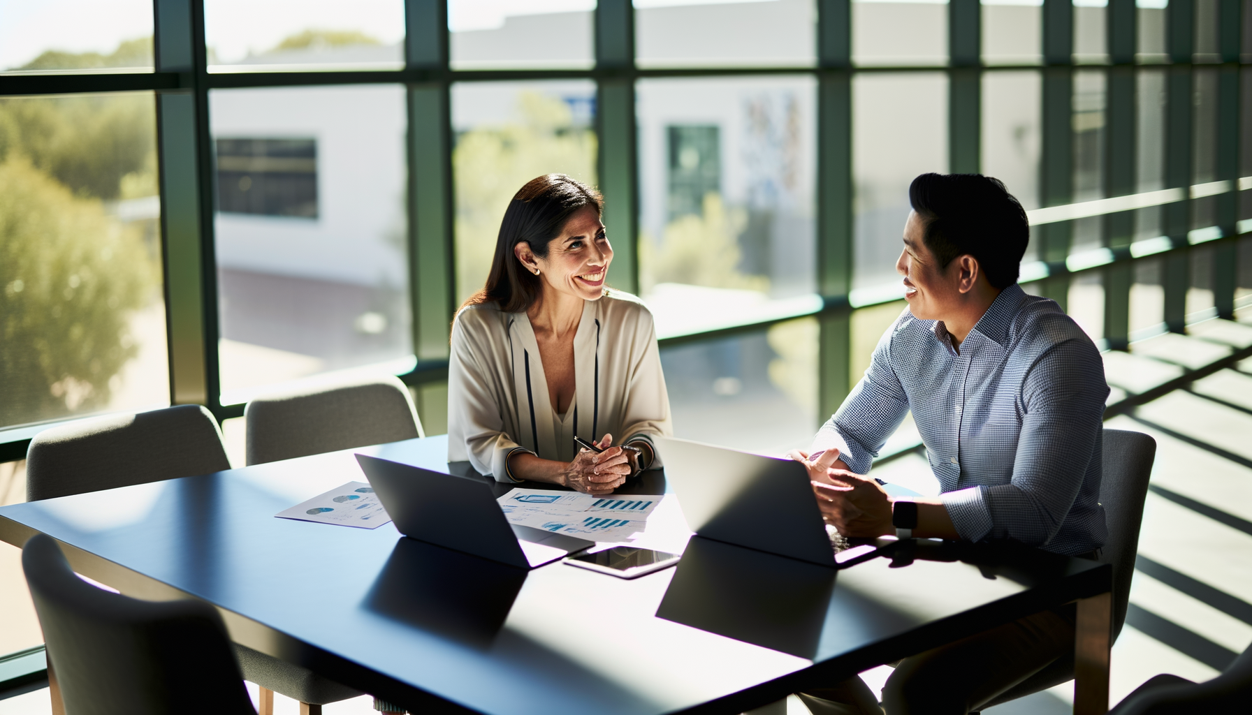 Two small business owners reviewing partnership documents and discussing growth opportunities at a conference table
