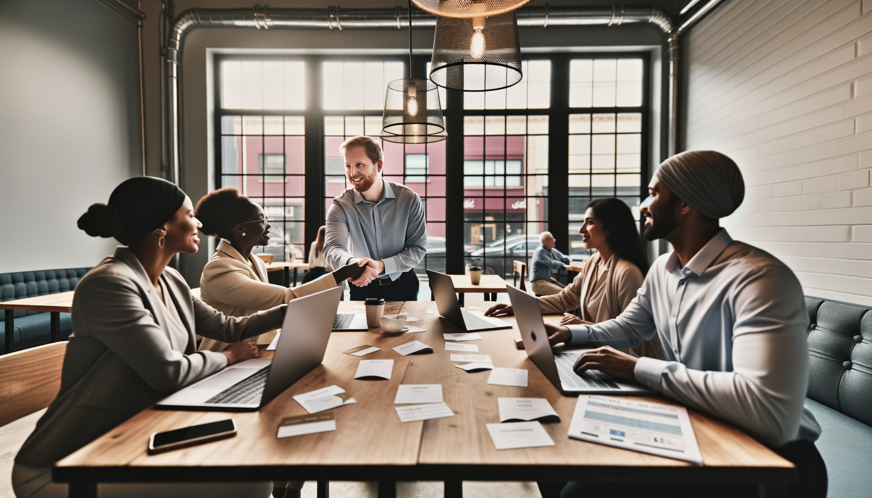 Small business owners networking and building connections at a coffee shop meeting