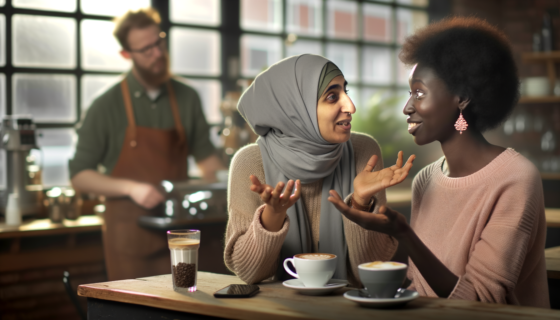 Two women having an animated conversation at a local café, representing word-of-mouth recommendations