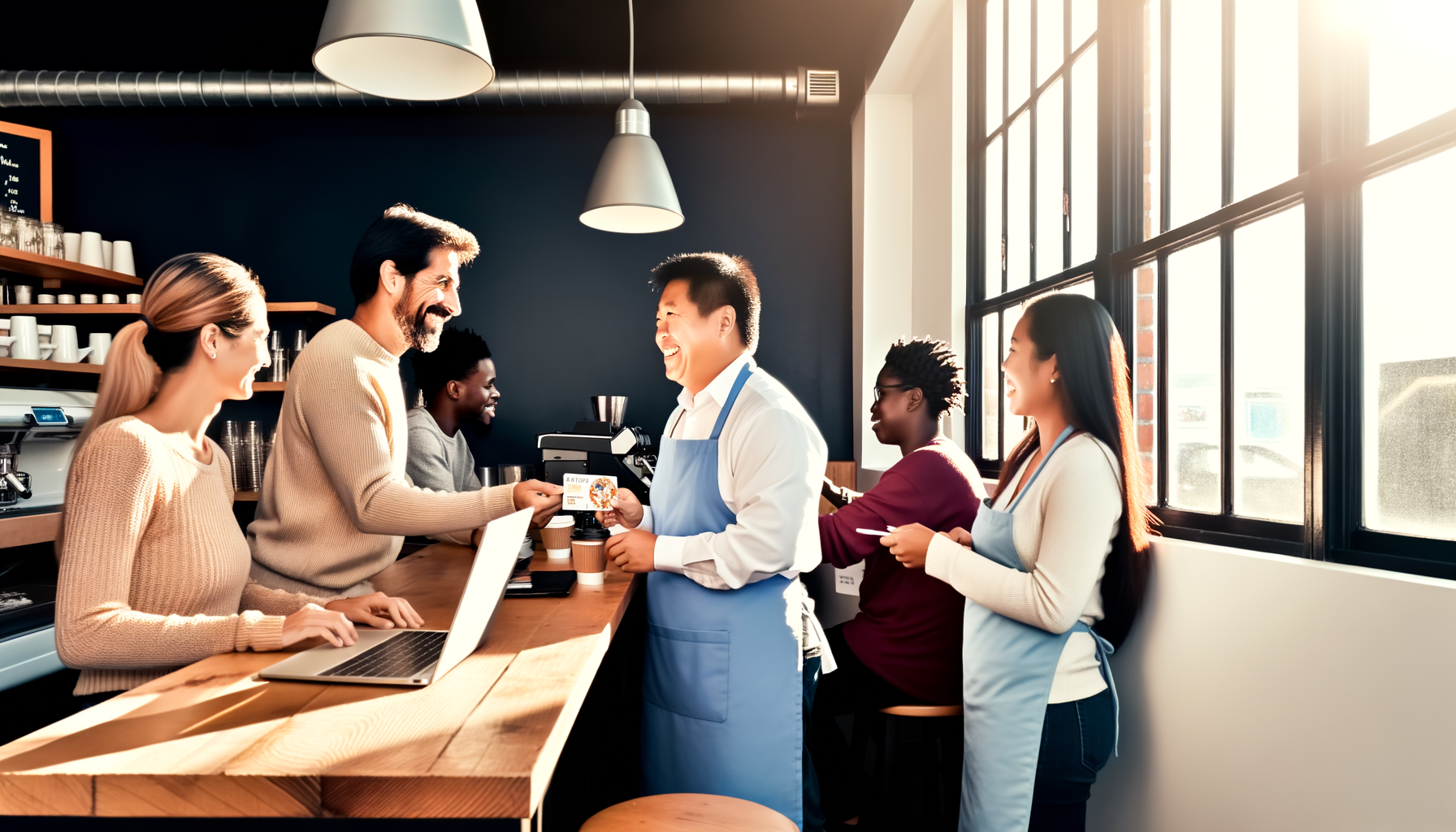 Small business owner engaging with loyal customers in a cozy coffee shop environment