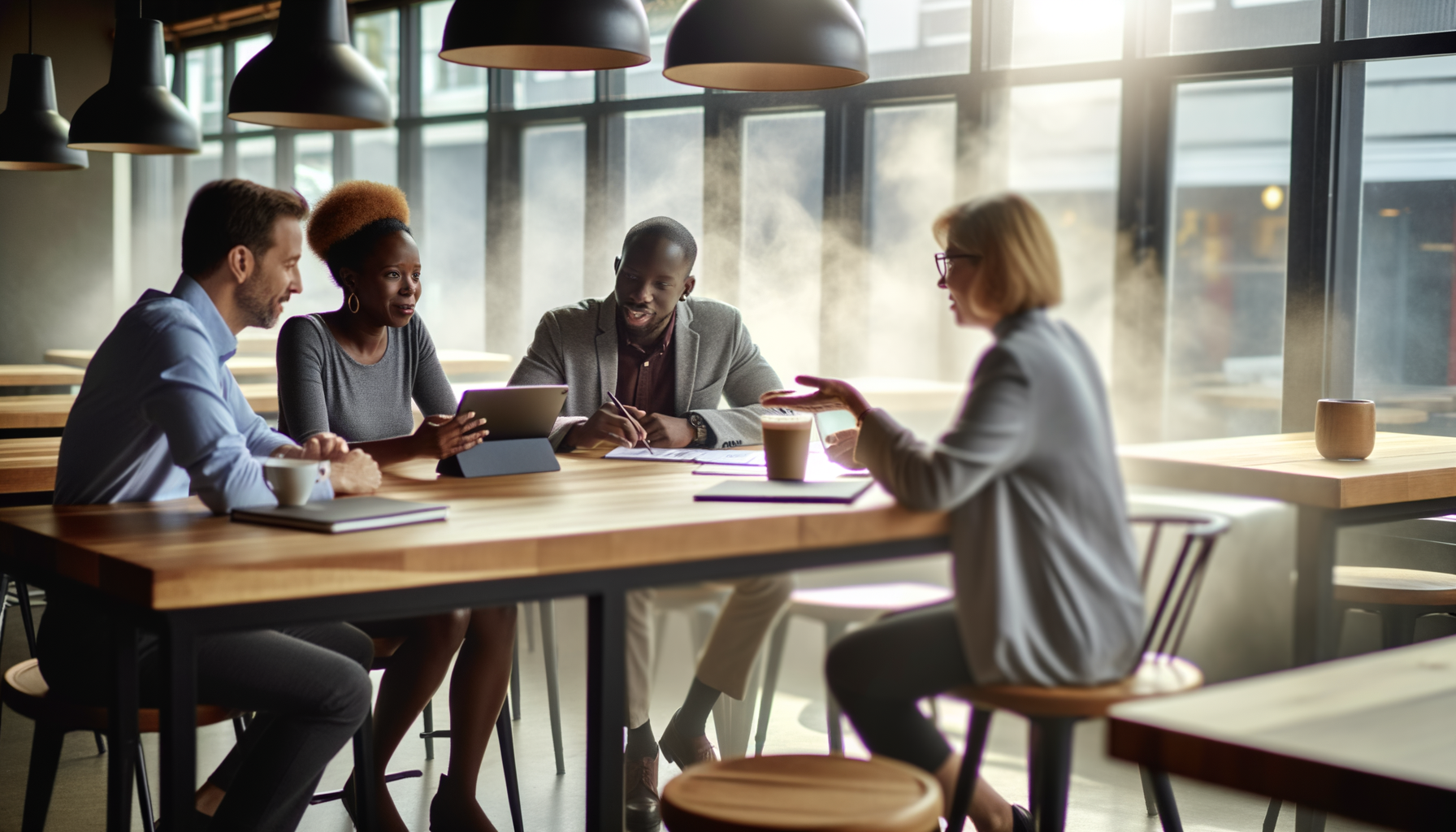Small business owners networking and building relationships in a coffee shop setting