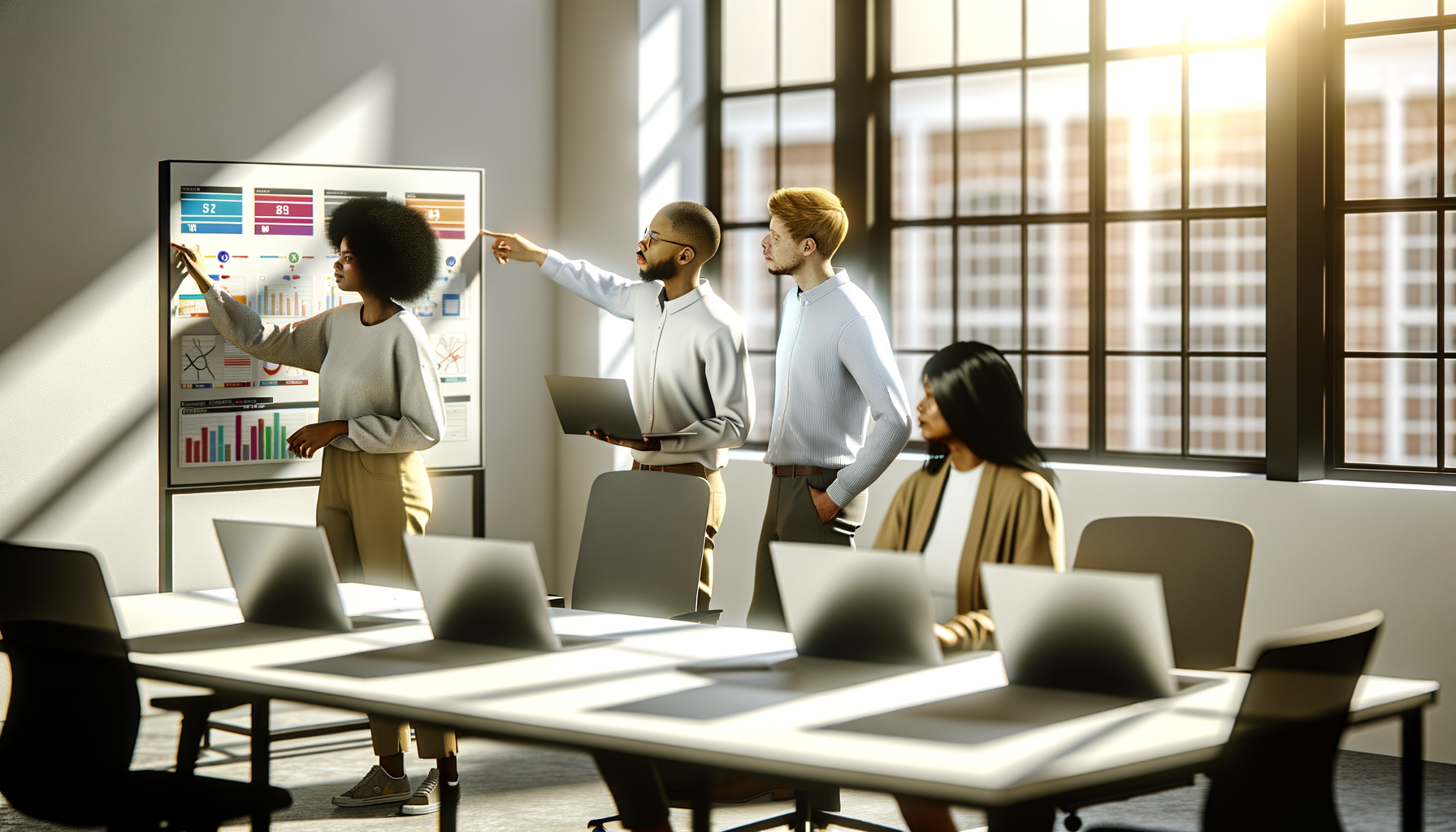 Small business team collaborating with automated systems and growth charts in modern office