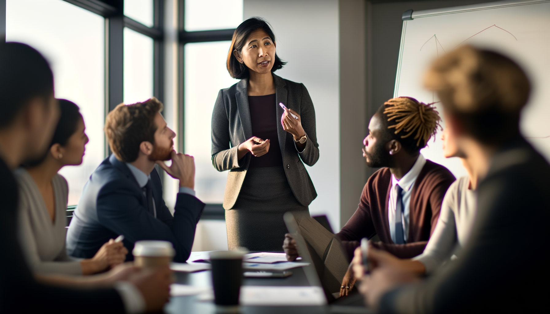Business professionals collaborating in a meeting room discussing decision-making process