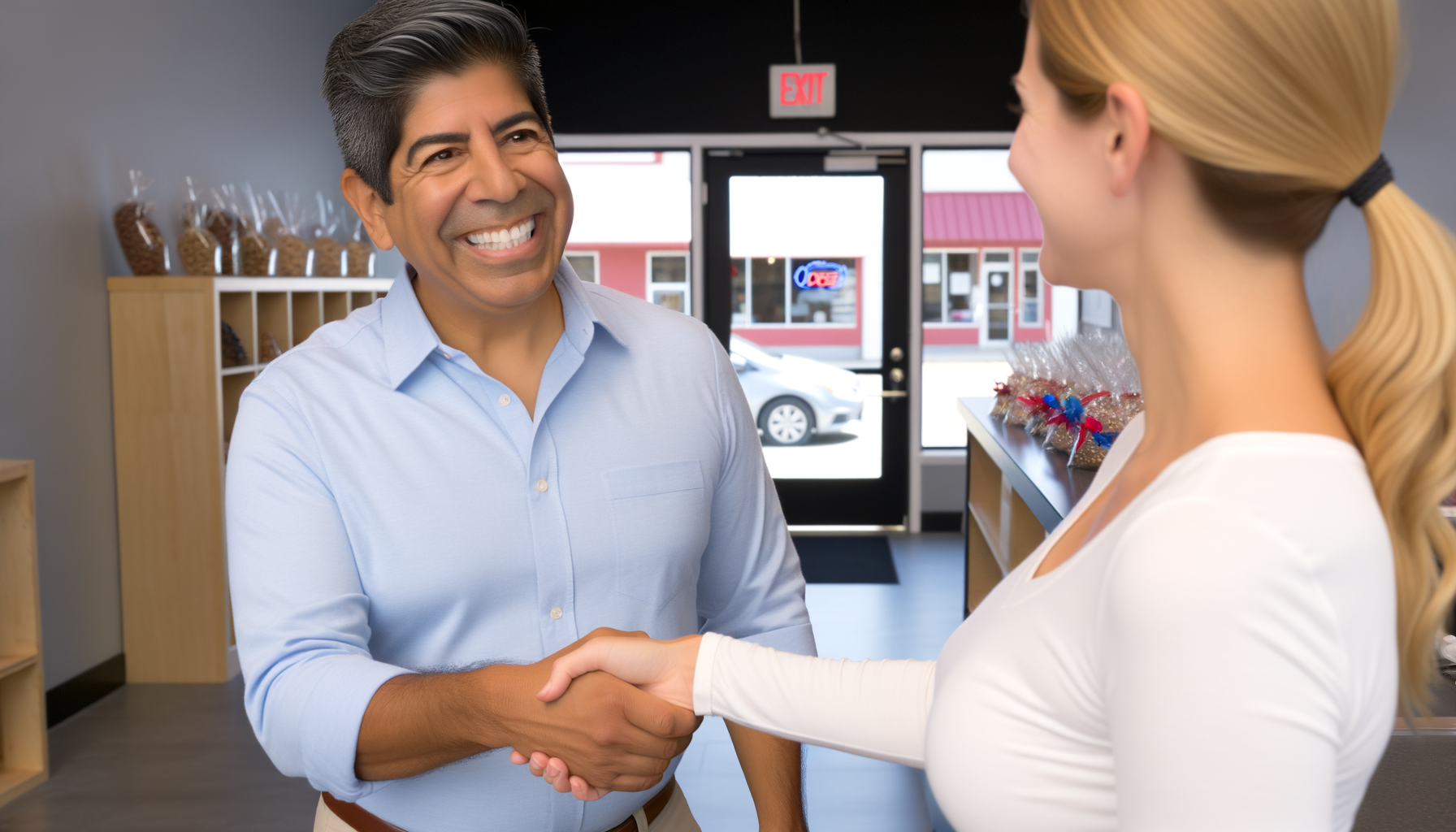 Small business owner confidently greeting new customer with handshake at storefront