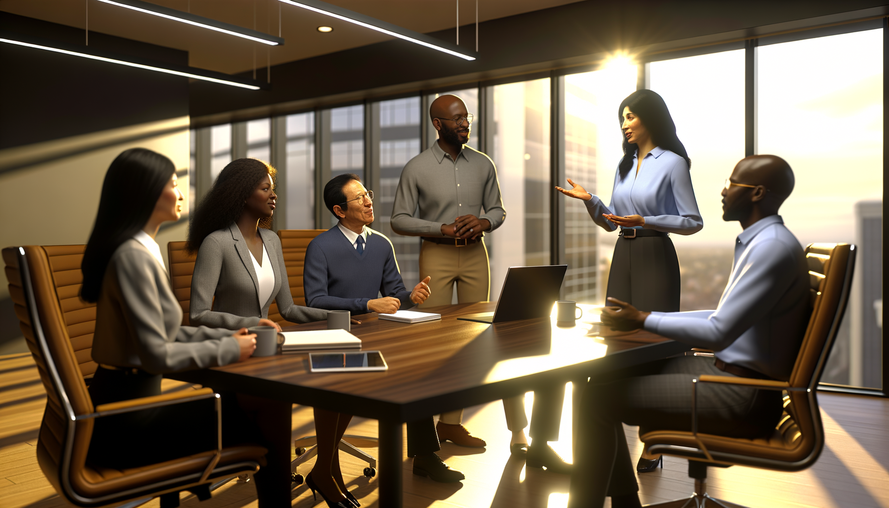 Diverse team of professionals collaborating in a bright modern office space during a team meeting
