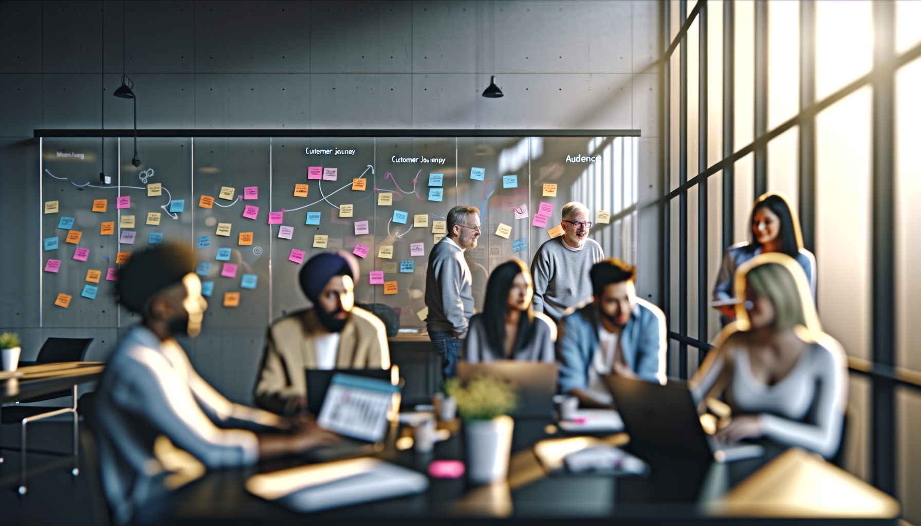 Small business owners collaborating on audience growth strategies in co-working space