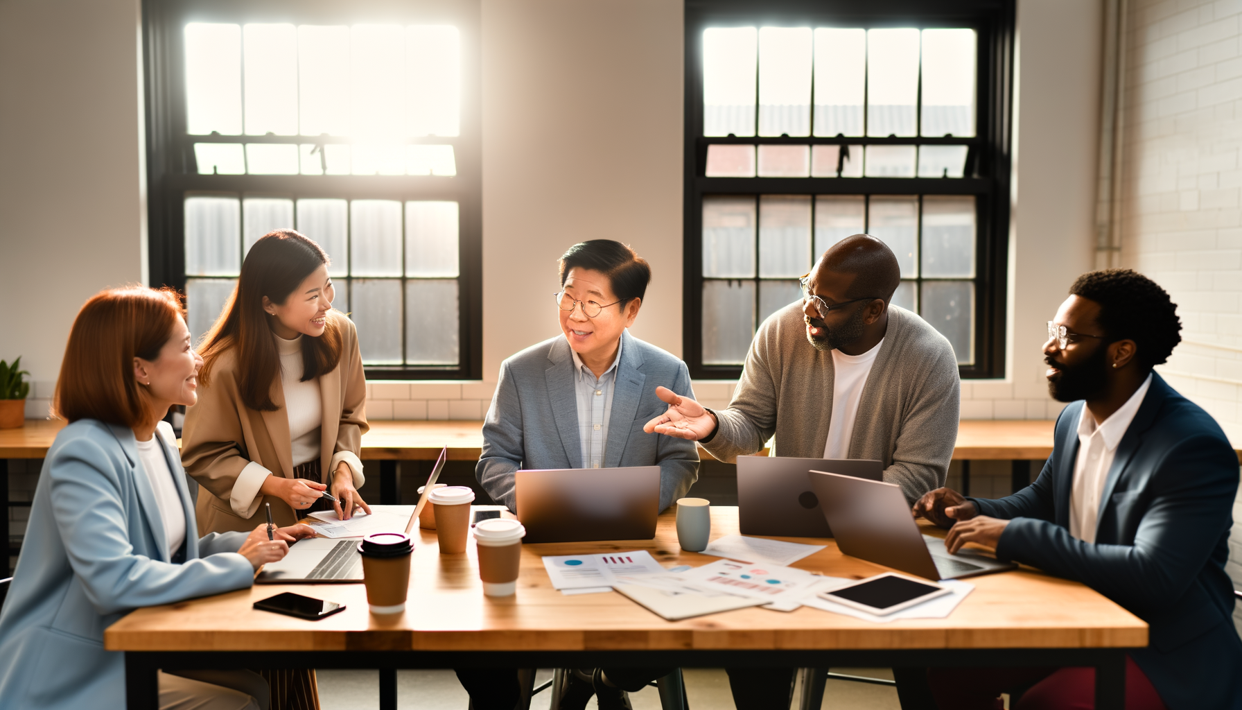 Small business owners collaborating and building relationships in a professional co-working environment