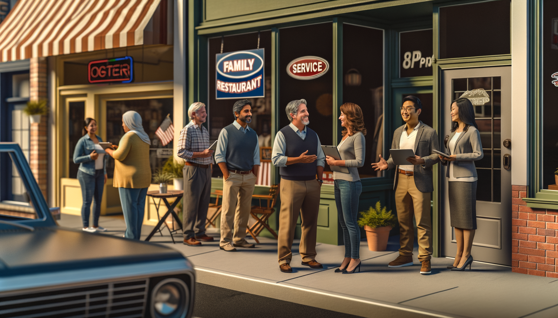 Diverse small business owners networking and building community relationships on a local main street