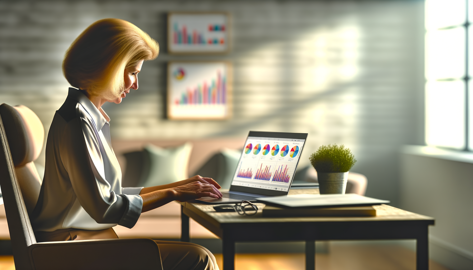 Small business owner analyzing customer source data on laptop