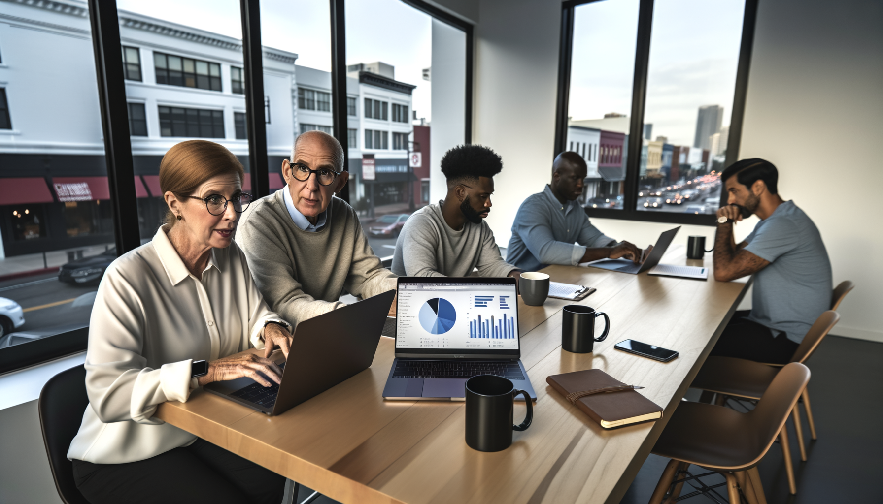 Small business owners analyzing relationship-based visibility metrics on digital devices in a modern workspace