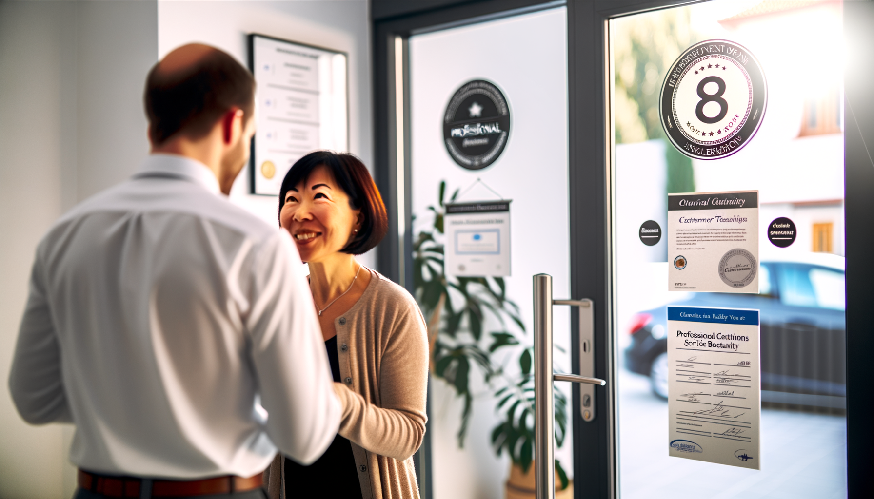 Small business owner welcoming new customer in professional, trustworthy environment