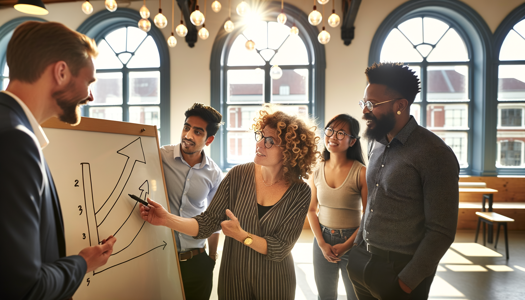 Small business owners collaborating on growth strategies in a bright coworking space