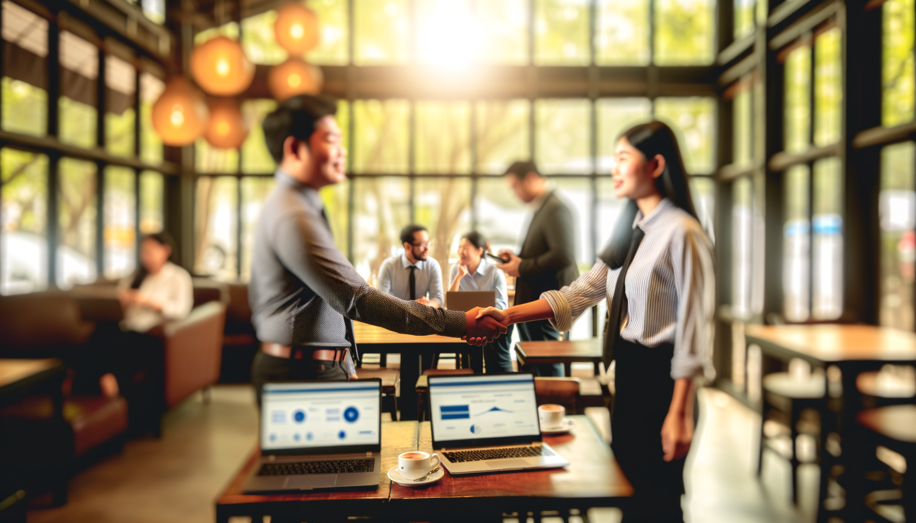 Two small business owners shaking hands over laptops in a bright coffee shop, representing business relationship building