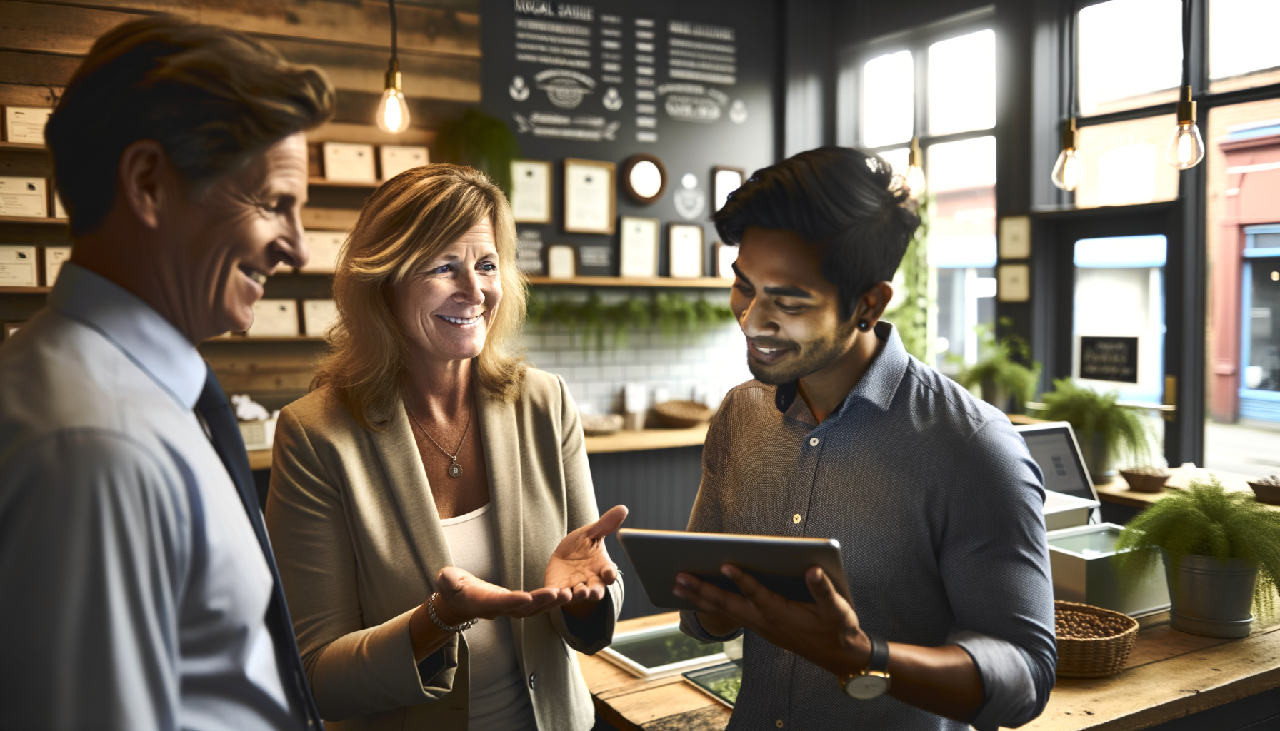 Small business owner having genuine conversation with diverse customers in welcoming local shop environment
