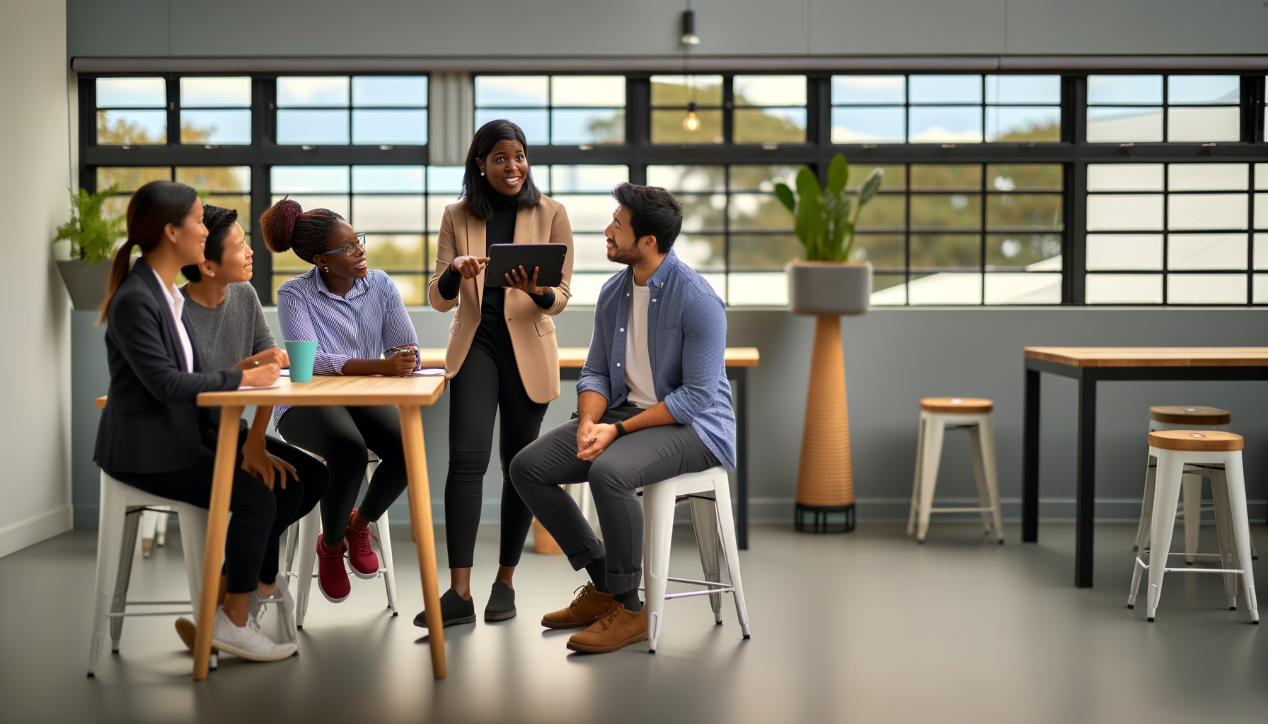 Small business owners collaborating and networking in a modern co-working space