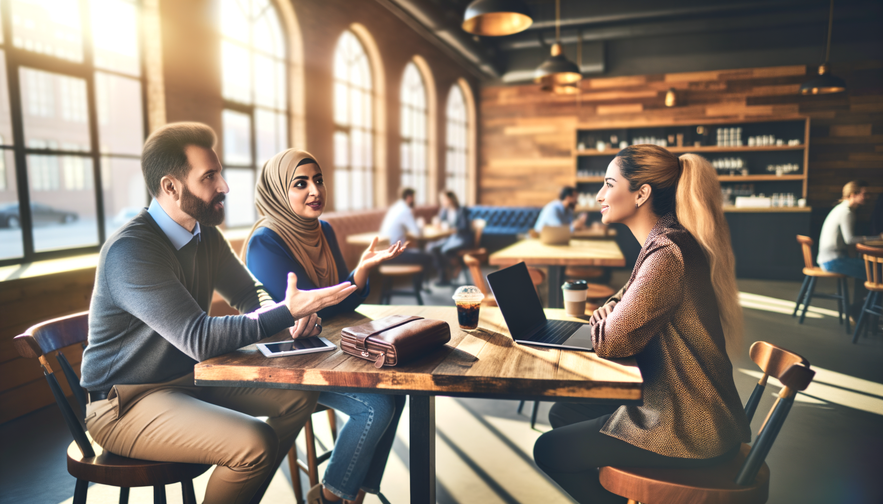 Small business owners networking and building professional relationships in a coffee shop setting