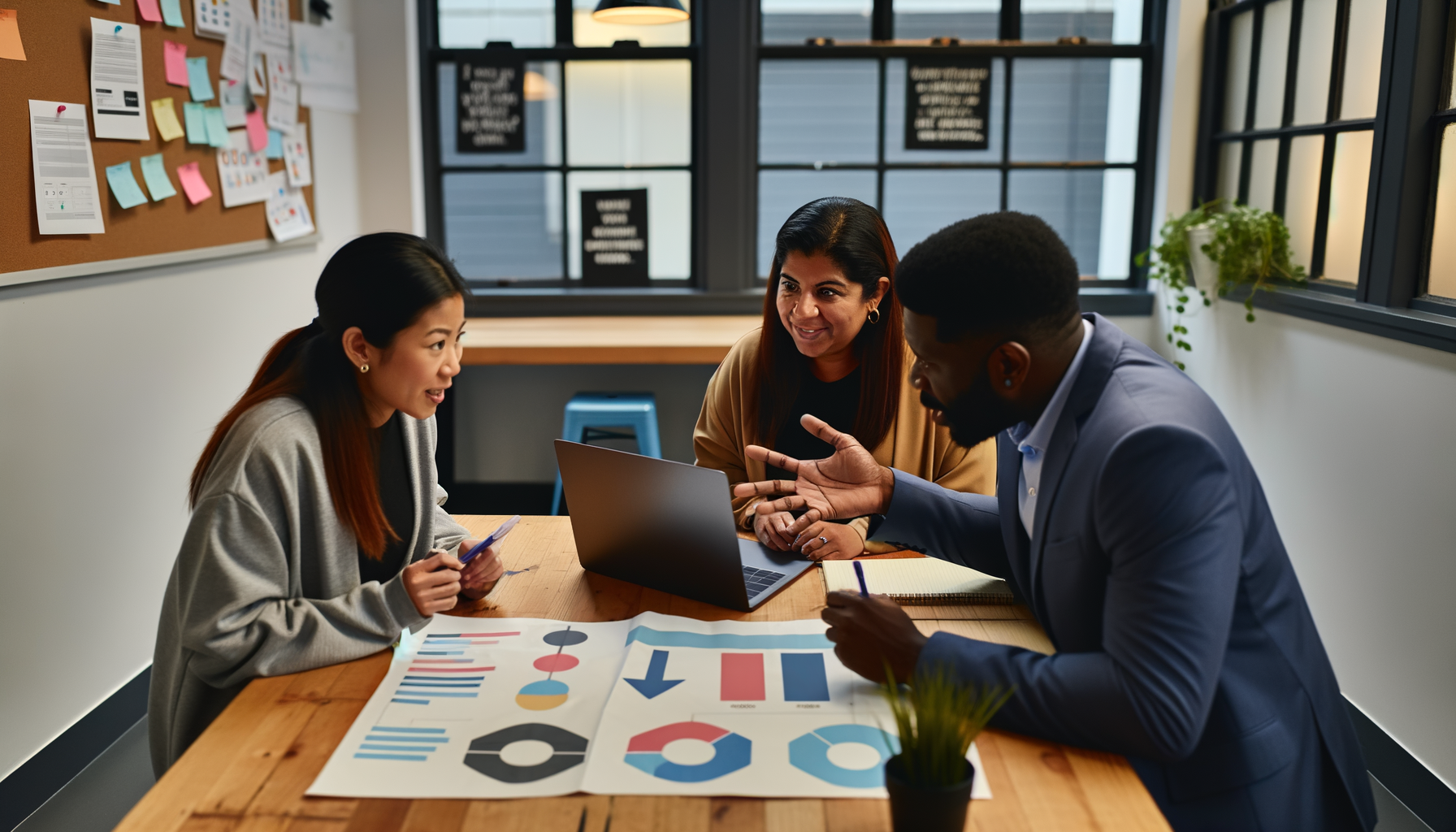 Small business team analyzing customer journey data and charts on conference table
