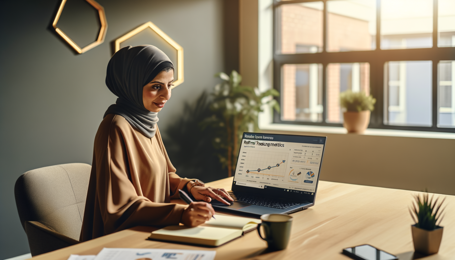 Small business owner analyzing referral tracking data on laptop