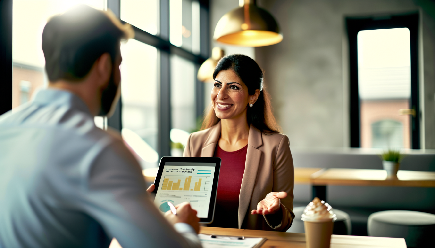 Small business owner reviewing customer feedback and referral data while speaking with a customer