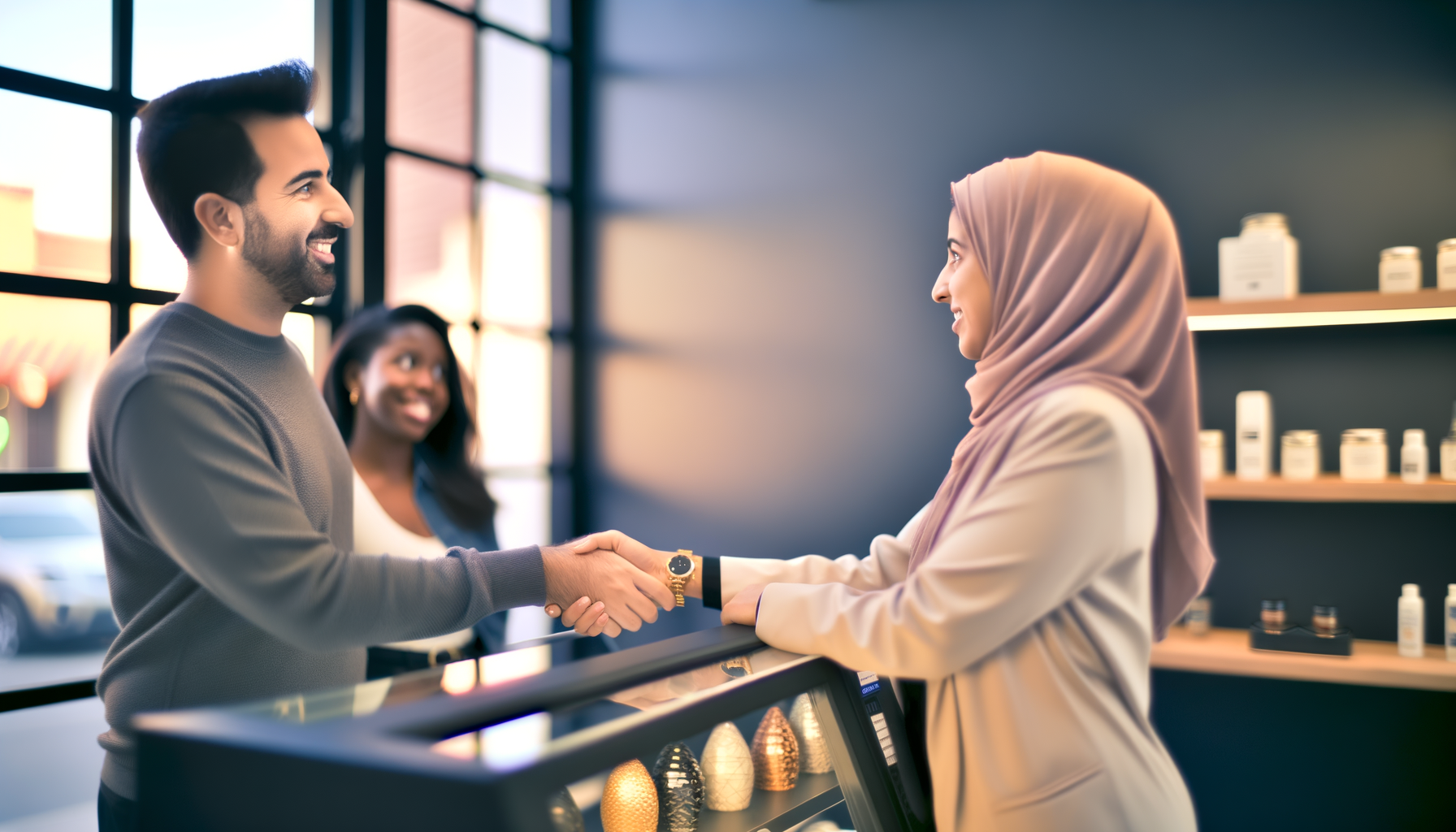Small business owner greeting satisfied customer while referral conversation happens naturally in background