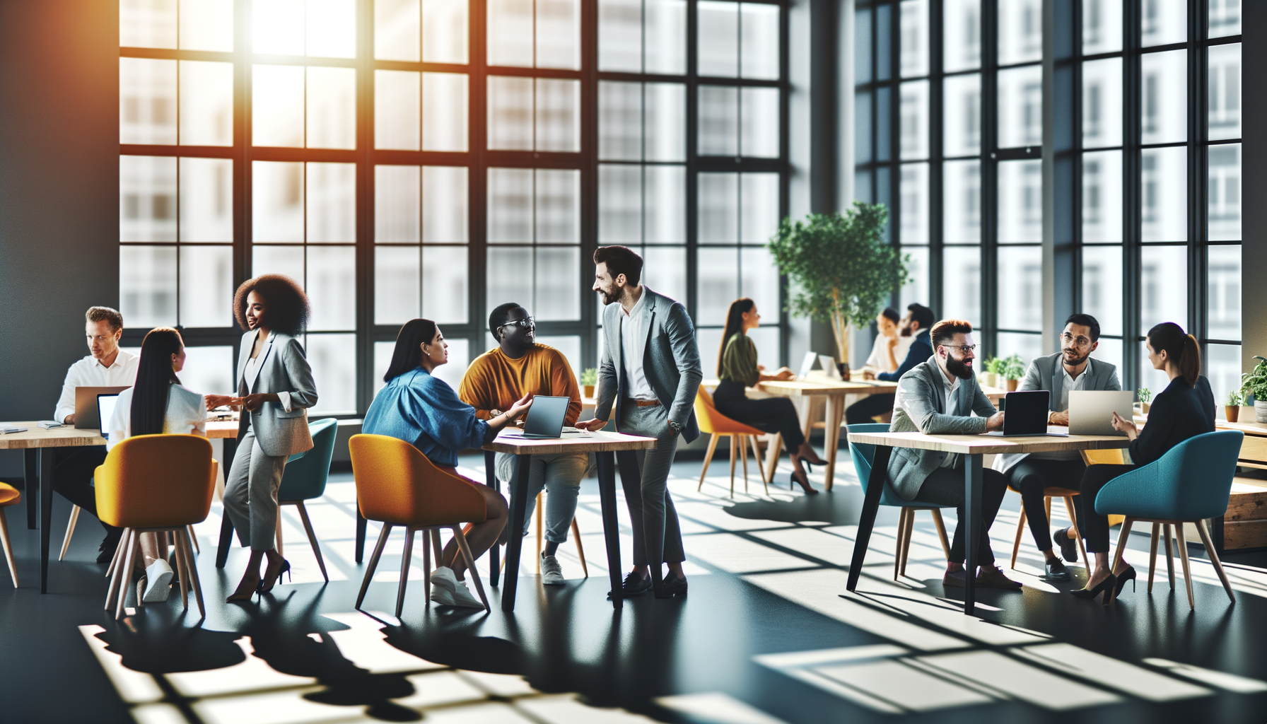 Small business owners networking and collaborating in a modern co-working space