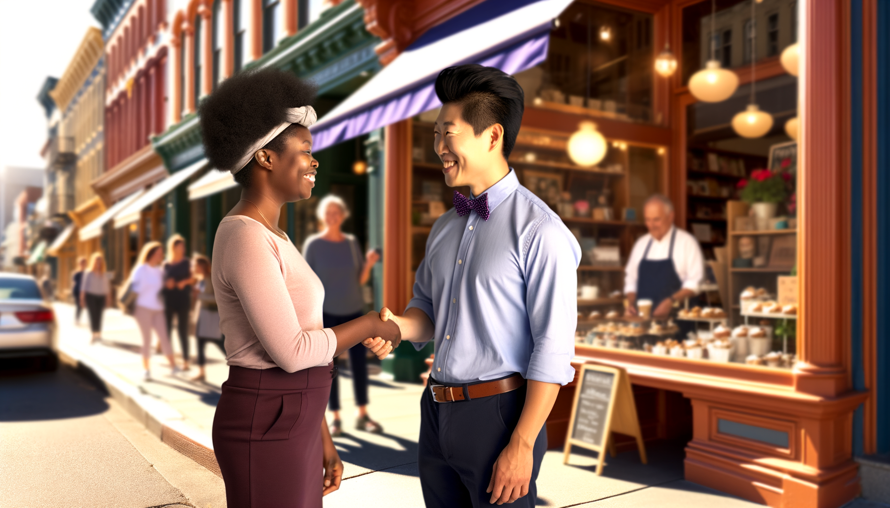 Two small business owners shaking hands in partnership on a main street