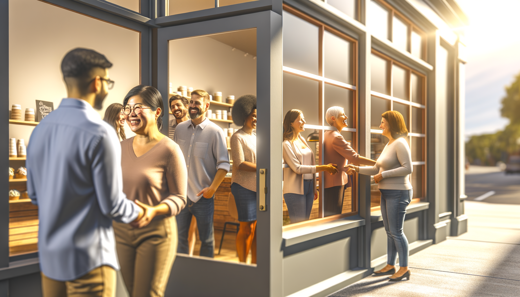 Small business owner engaging with diverse customers in a welcoming storefront, demonstrating relationship visibility