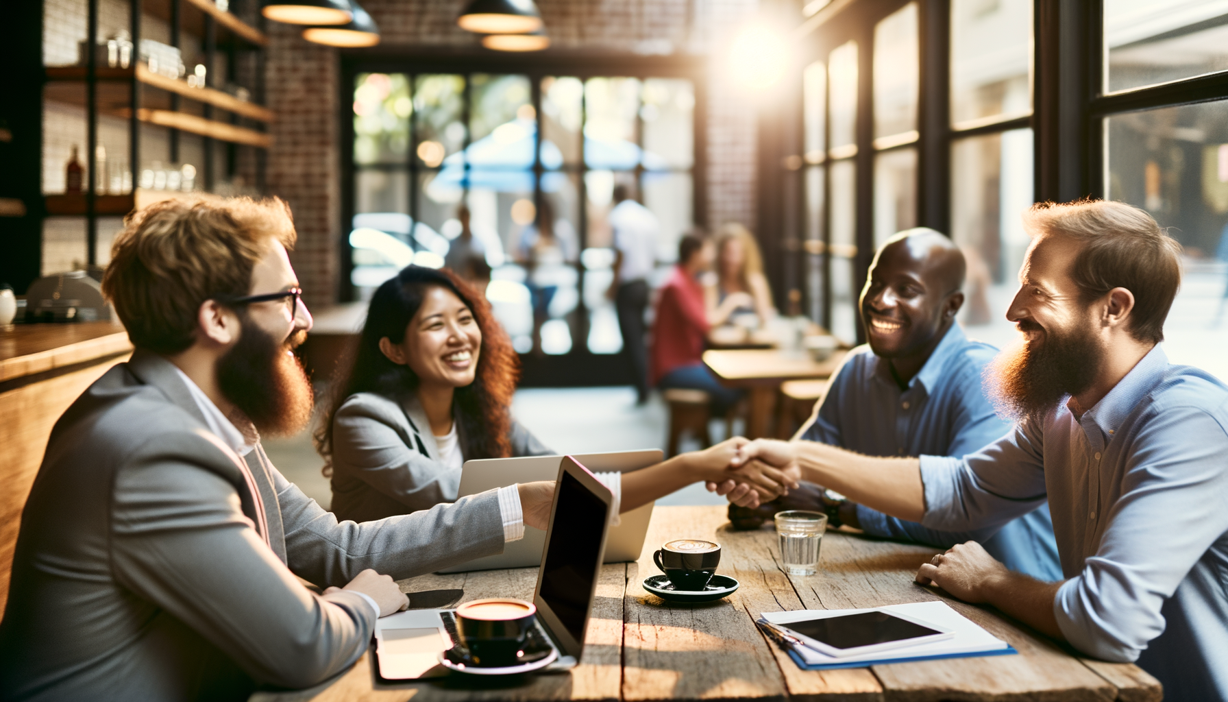 Small business owners networking and collaborating in a local coffee shop environment
